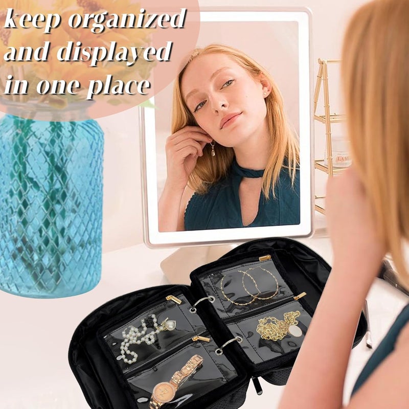 LingLingo Travel Jewelry Organizer Case,Jewelry Bags for Traveling, Jewelry Binder with 24 Pcs Clear Zipper Velvet Pouches for Storing Earrings, Rings, Necklace, Bracelet, Watch (Black) - Image 2
